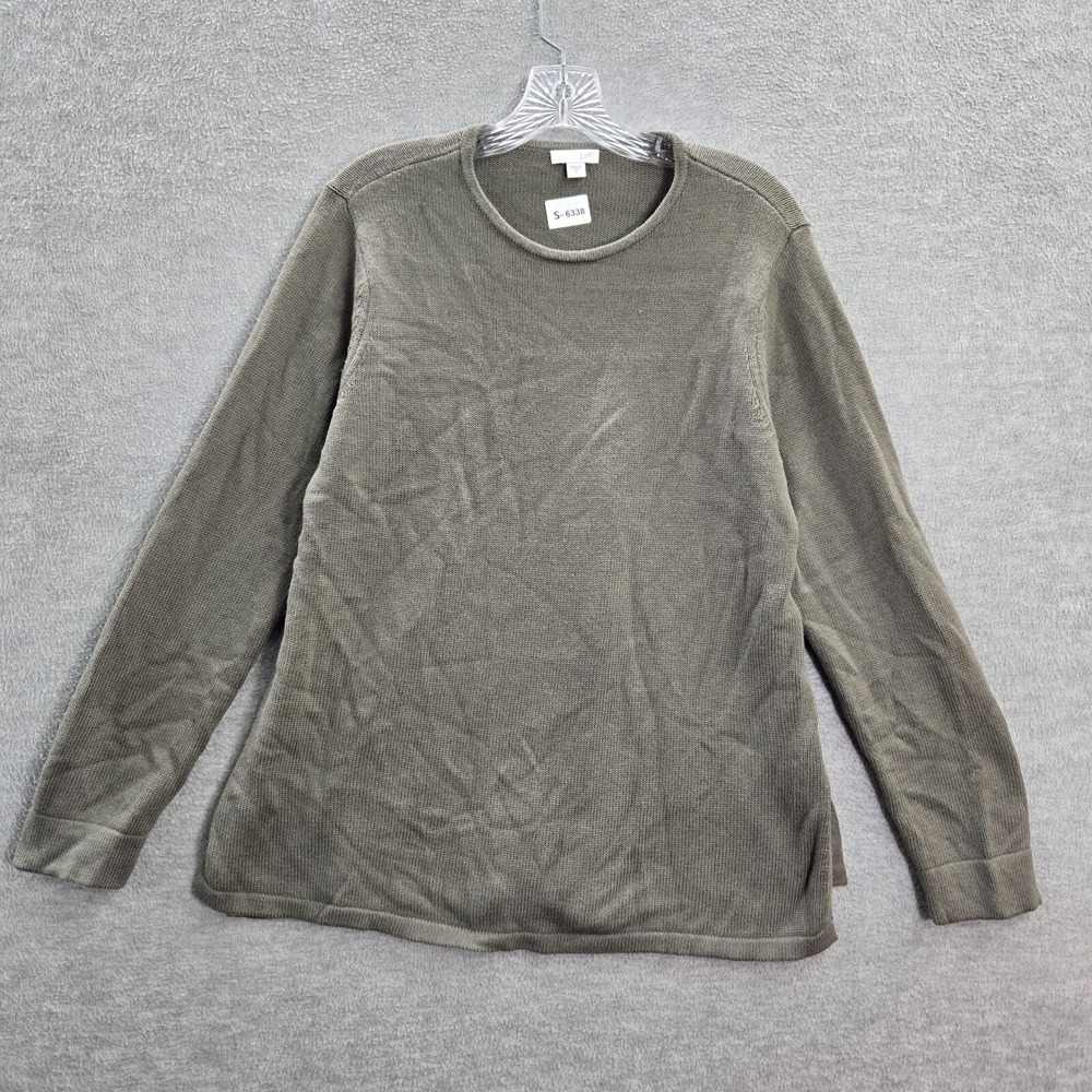 J Jill Women Sweater Medium Green Knit Side Tie Long Sleeve Crew Neck